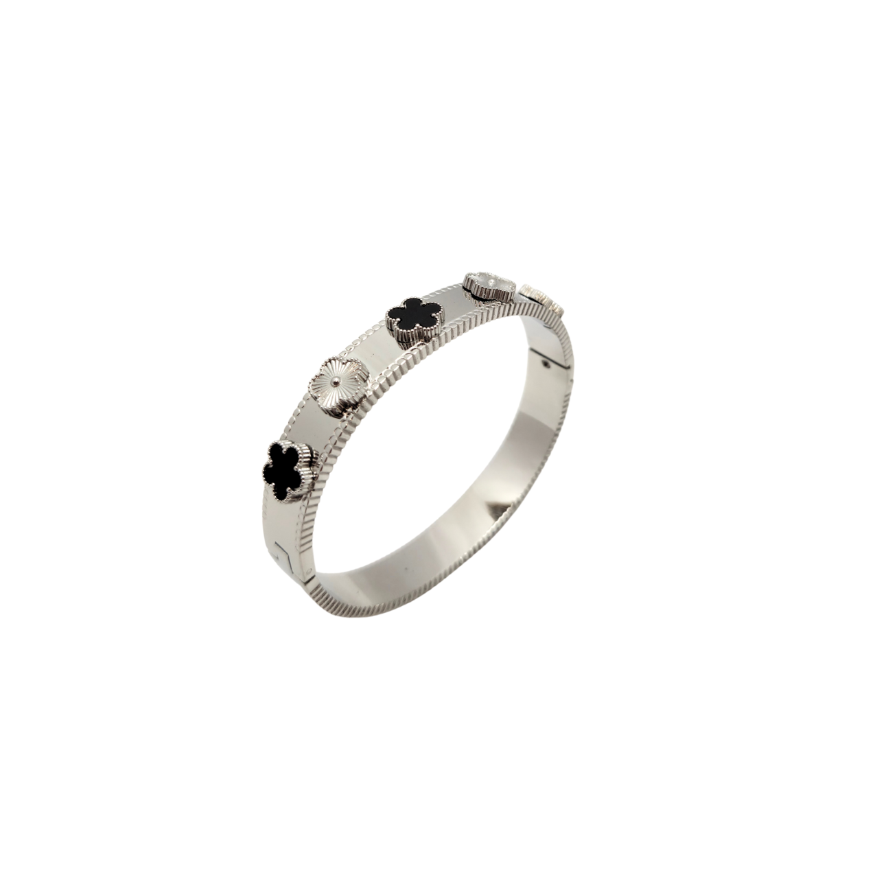 Pulsera Rígida Tréboles Alternos - Acero Bañado en Plata