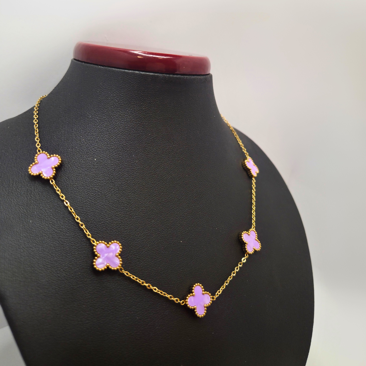 Conjunto de Joyería Trébol Lila 100% Acero Bañado en Oro 18K