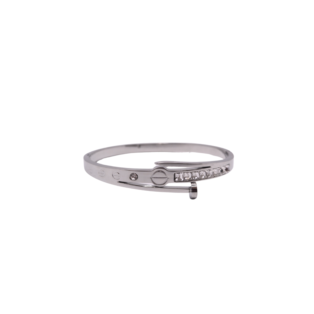 Pulsera Rígida Diseño de Clavo con Circonitas 100% Acero Inoxidable Color Plata