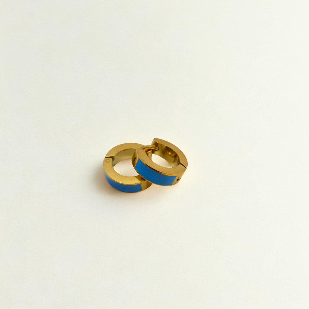 Sturdy Hoop Earrings with Electric Blue Enamel Detail - 100% 18K Gold Plated Steel