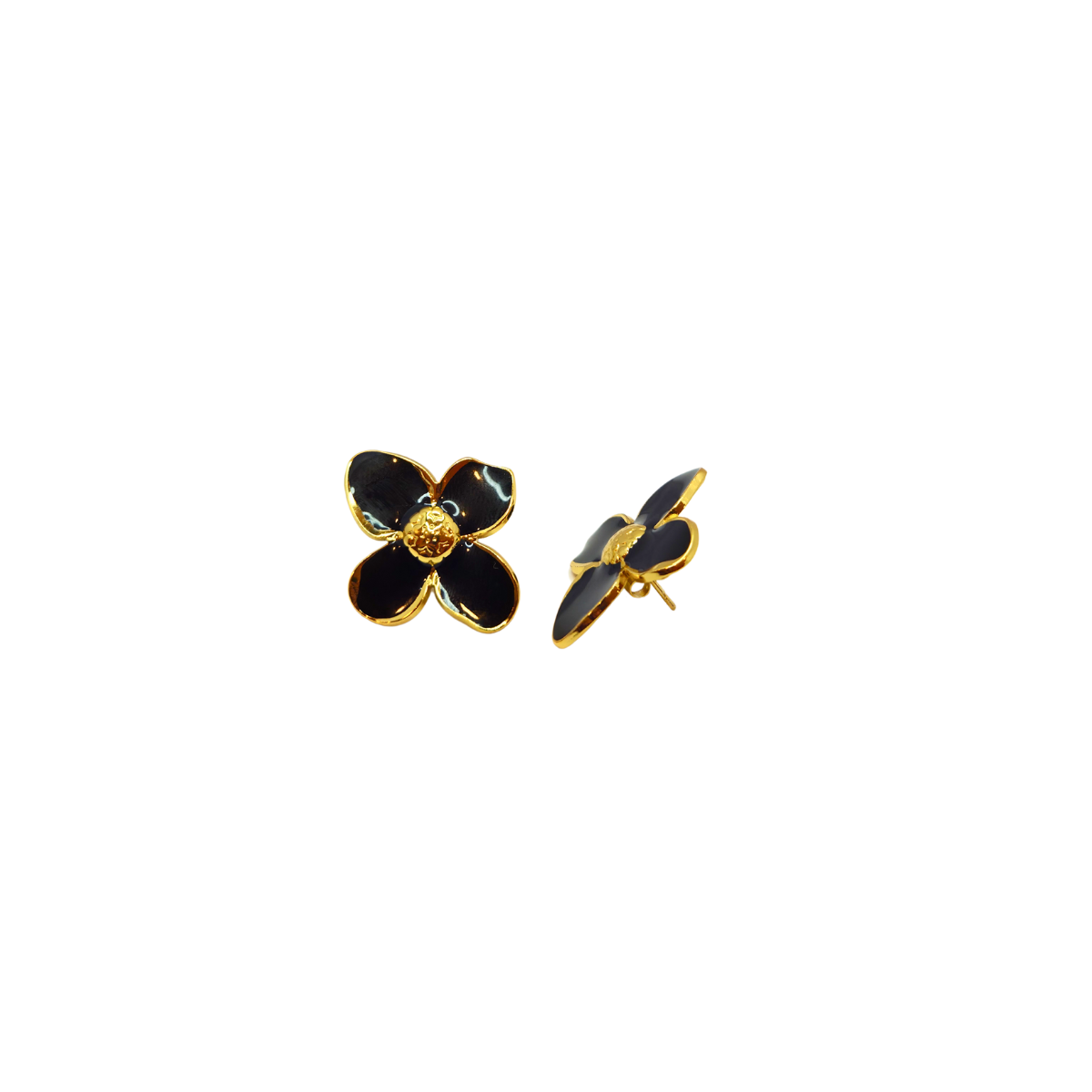 Pendientes de Botón con Flor de Pétalos Negros y Centro Dorado - 100% Acero Bañado en Oro 18K