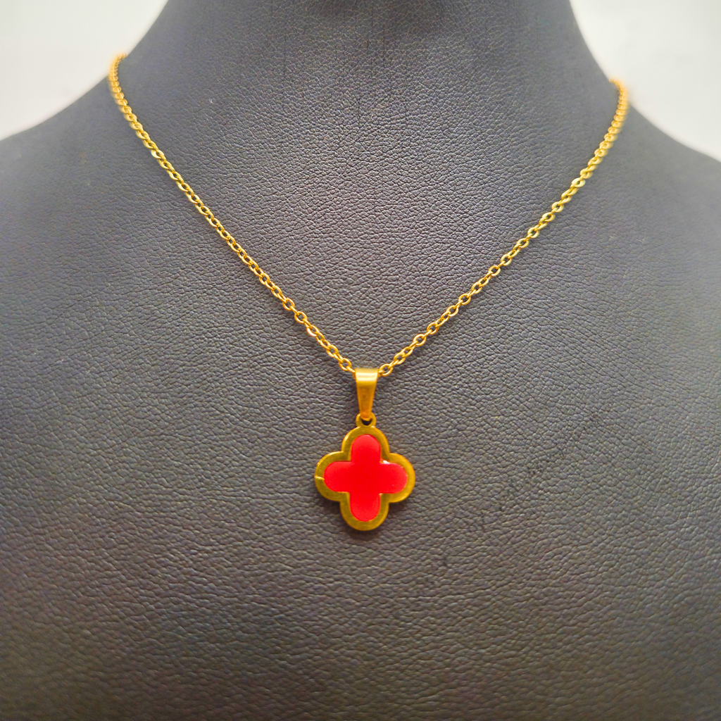 Conjunto Completo Trébol de la Suerte Rojo - Acero Bañado en Oro 18K