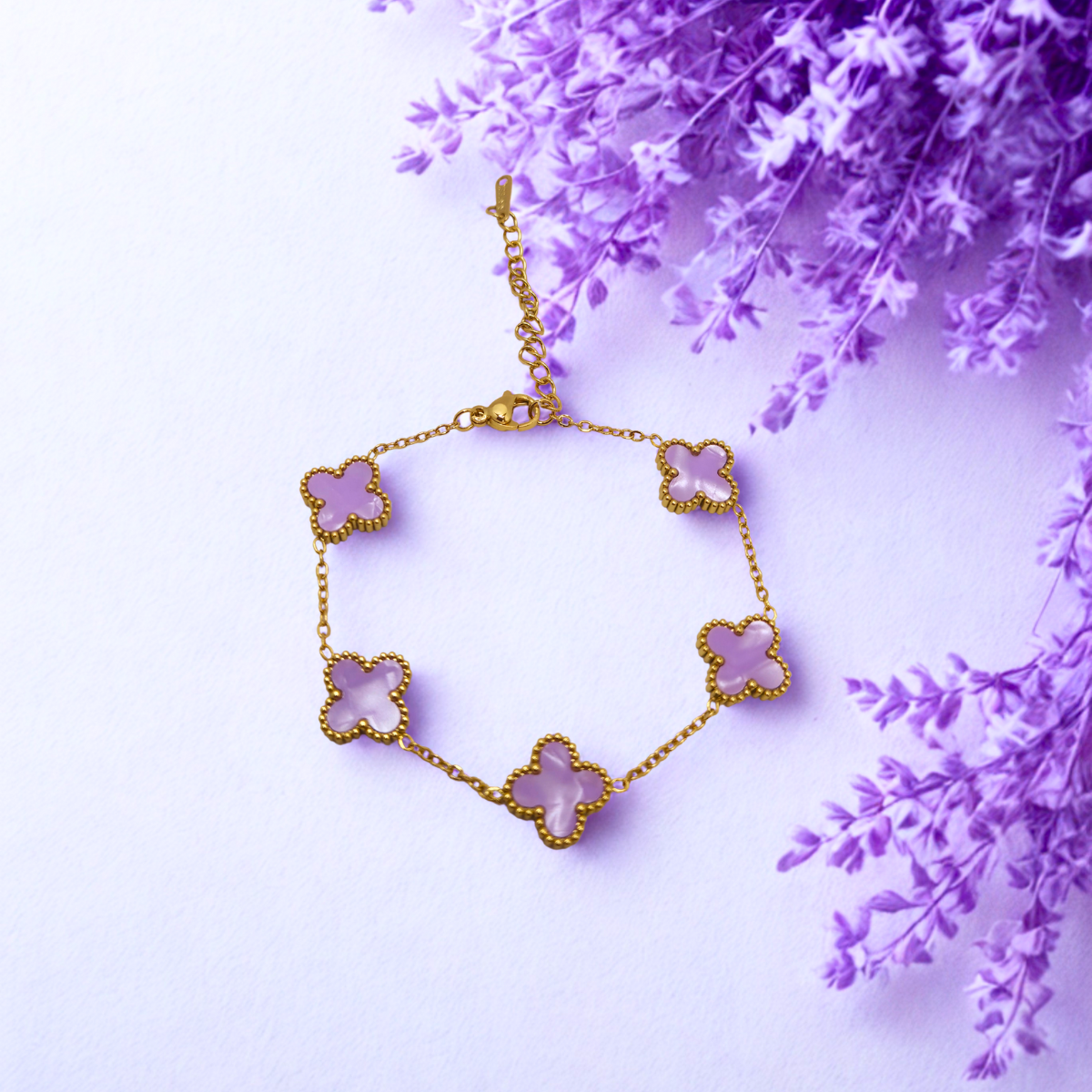 Conjunto de Joyería Trébol Lila 100% Acero Bañado en Oro 18K