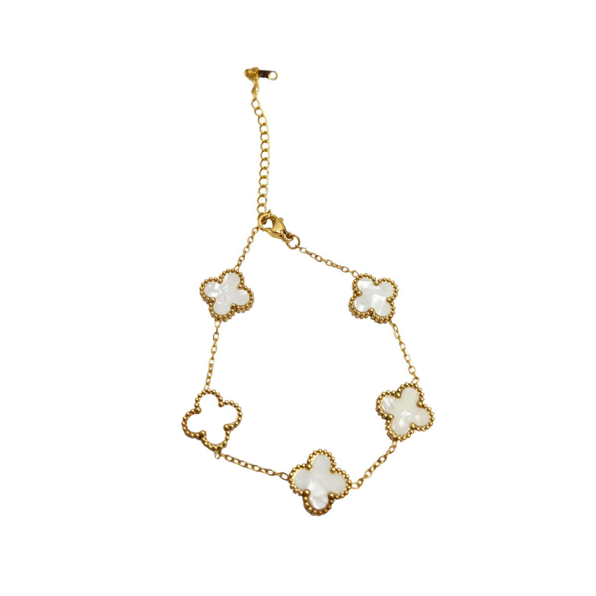 Conjunto de Joyería Trébol Blanco Nácar Largo 100% Acero Bañado en Oro 18K