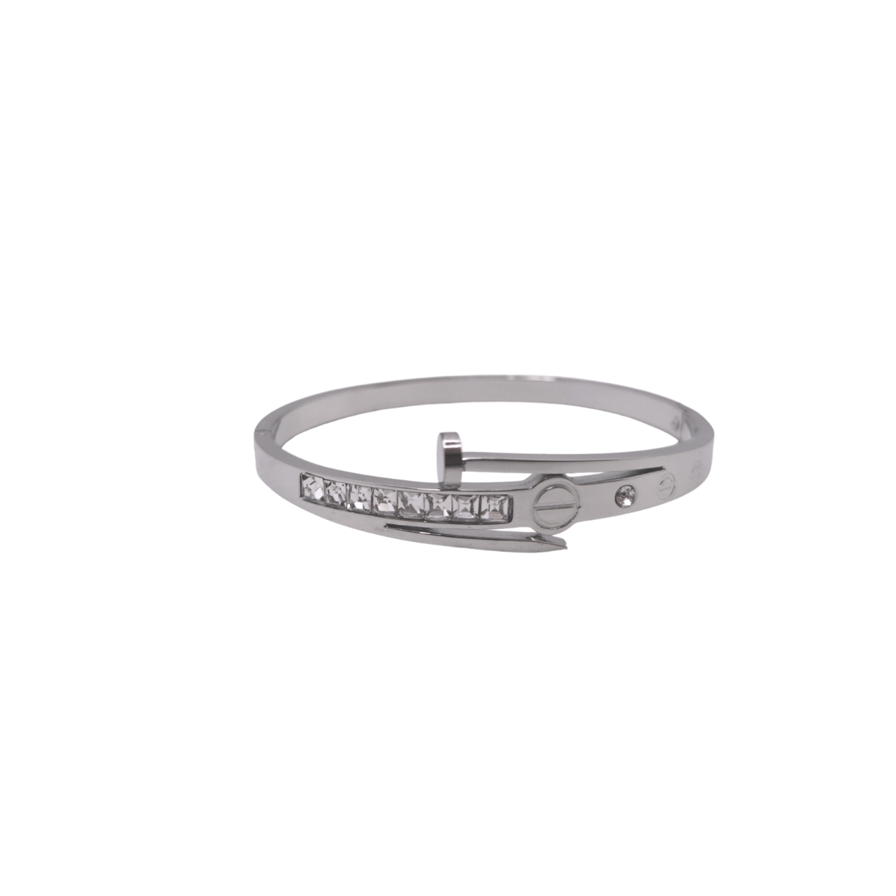 Pulsera Rígida Diseño de Clavo con Circonitas 100% Acero Inoxidable Color Plata
