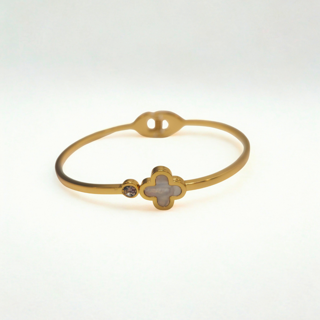 Conjunto de Joyería Trébol Blanco Nácar 100% Acero Bañado en Oro 18K
