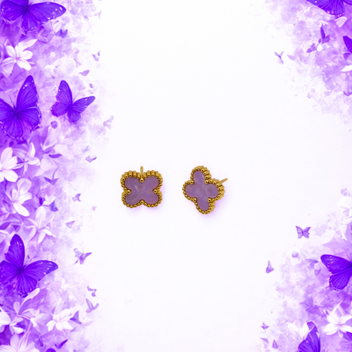 Conjunto de Joyería Trébol Lila 100% Acero Bañado en Oro 18K