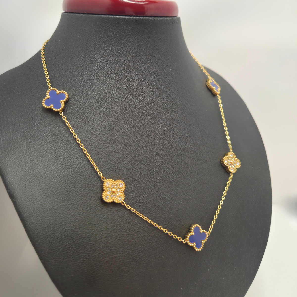 Conjunto de Joyería Trébol Azul y Circonitas 100% Acero Bañado en Oro 18K