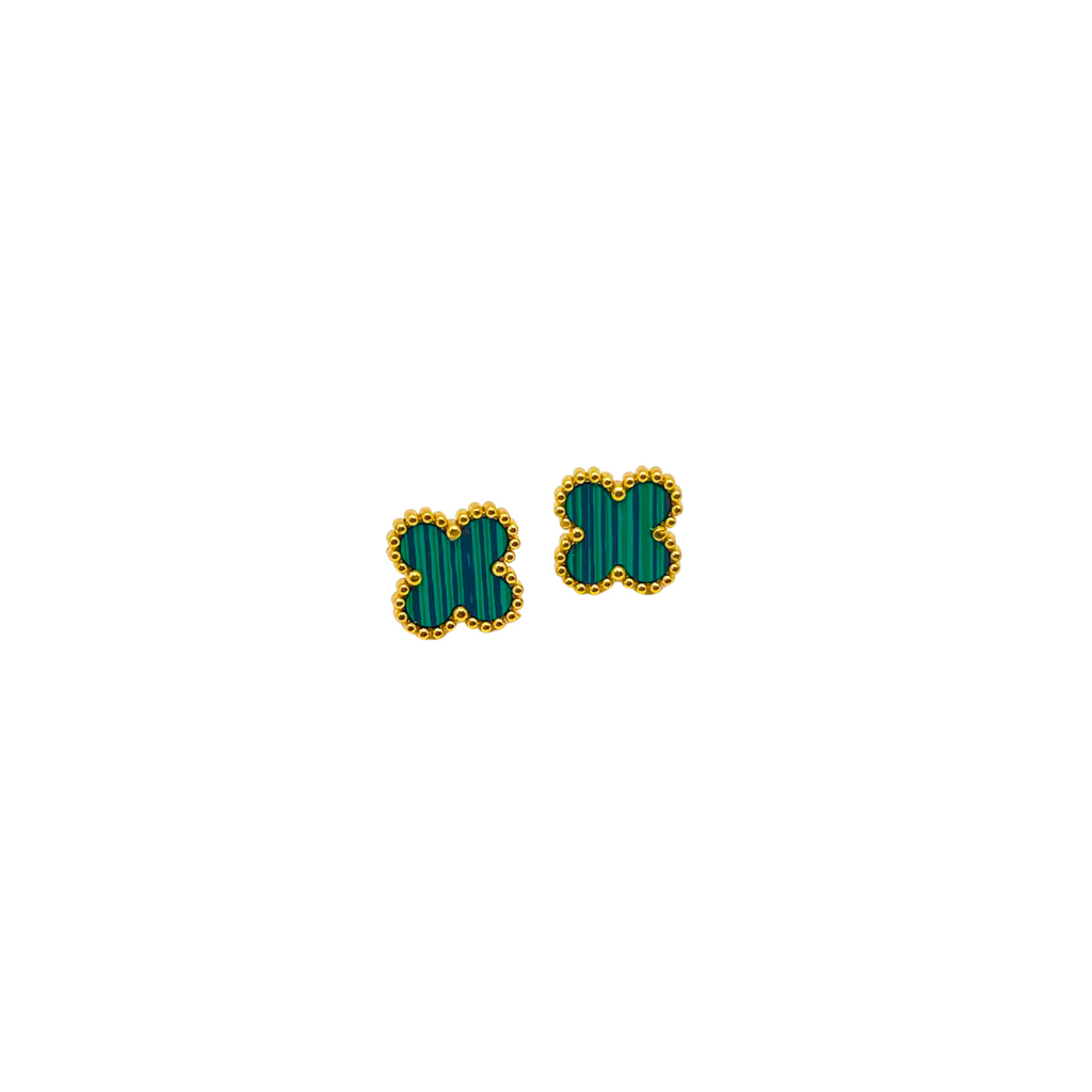 Conjunto Trébol de la Suerte Verde Malaquita - Acero Bañado en Oro 18K
