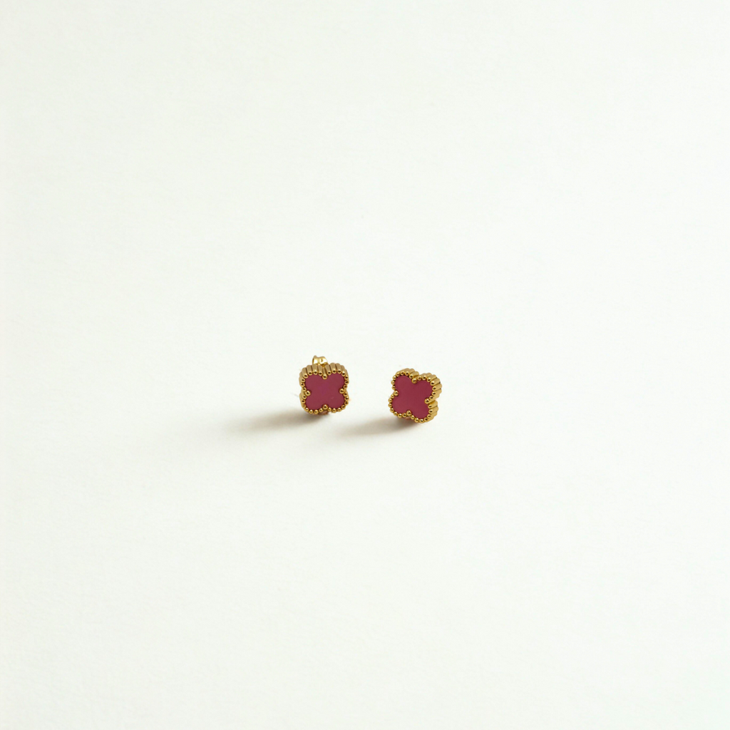 Conjunto de Joyería Trébol Rosa Fucsia 100% Acero Bañado en Oro 18K