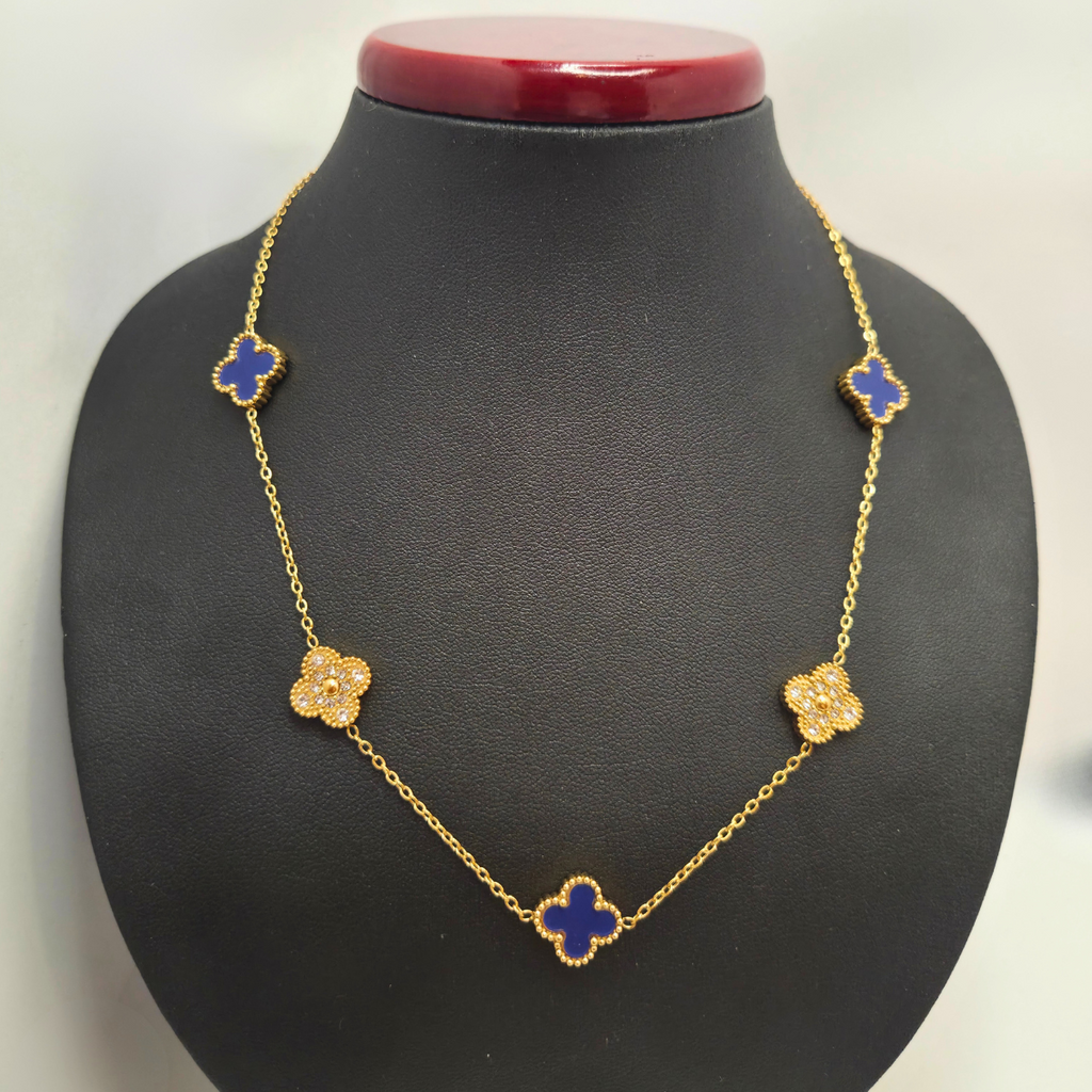 Conjunto de Joyería Trébol Azul y Circonitas 100% Acero Bañado en Oro 18K