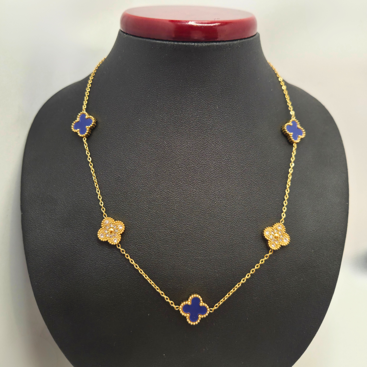 Conjunto de Joyería Trébol Azul y Circonitas 100% Acero Bañado en Oro 18K