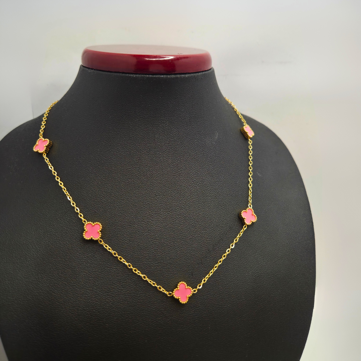 Conjunto de Joyería Trébol Rosa Fucsia 100% Acero Bañado en Oro 18K