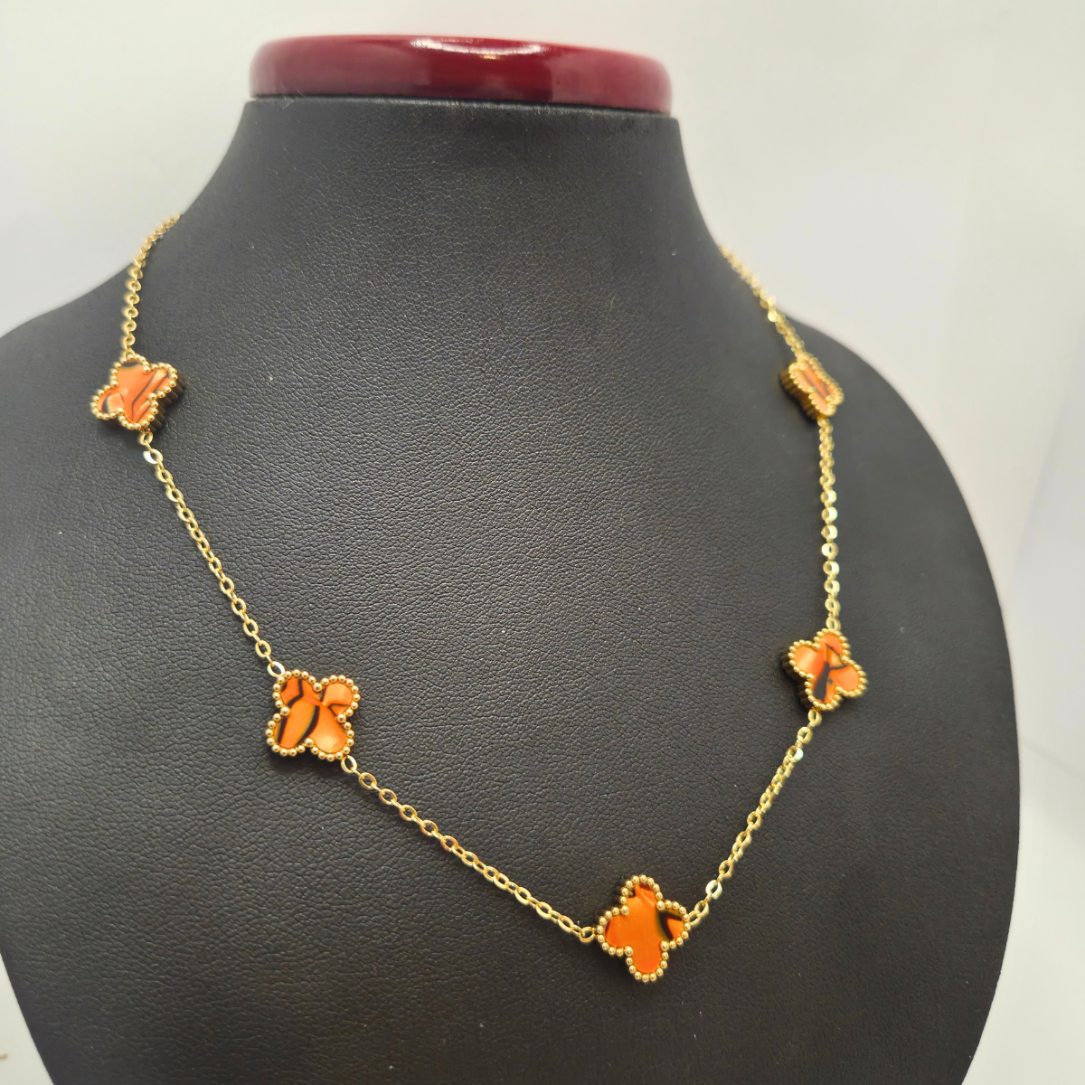 Conjunto de Joyería Trébol Naranja Mármol 100% Acero Bañado en Oro 18K