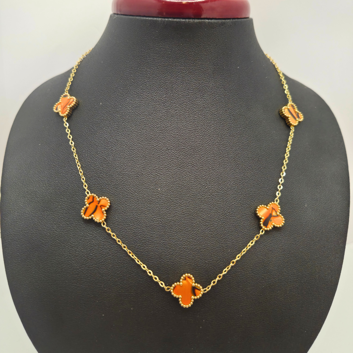 Conjunto de Joyería Trébol Naranja Mármol 100% Acero Bañado en Oro 18K