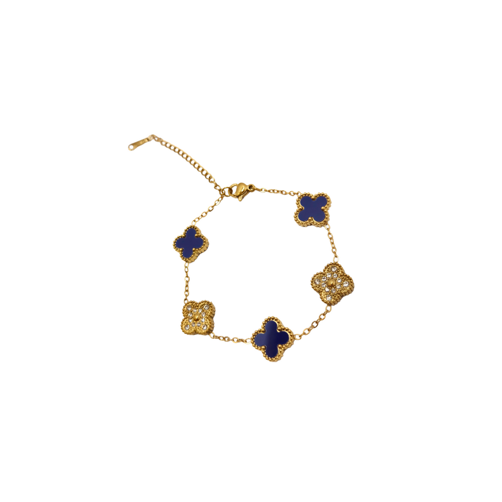 Conjunto de Joyería Trébol Azul y Circonitas 100% Acero Bañado en Oro 18K