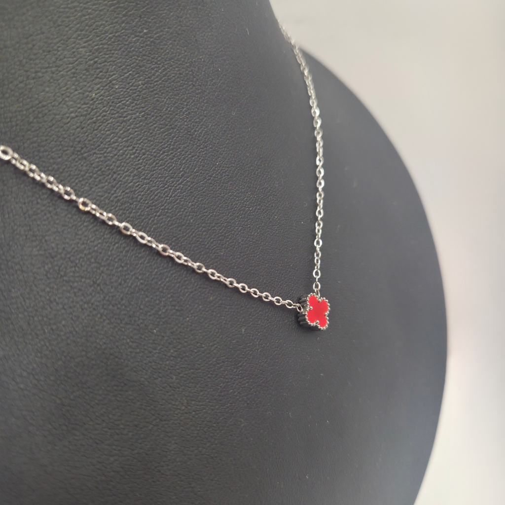 Conjunto de Joyería Trébol Rojo 100% Acero Inoxidable Color Plata