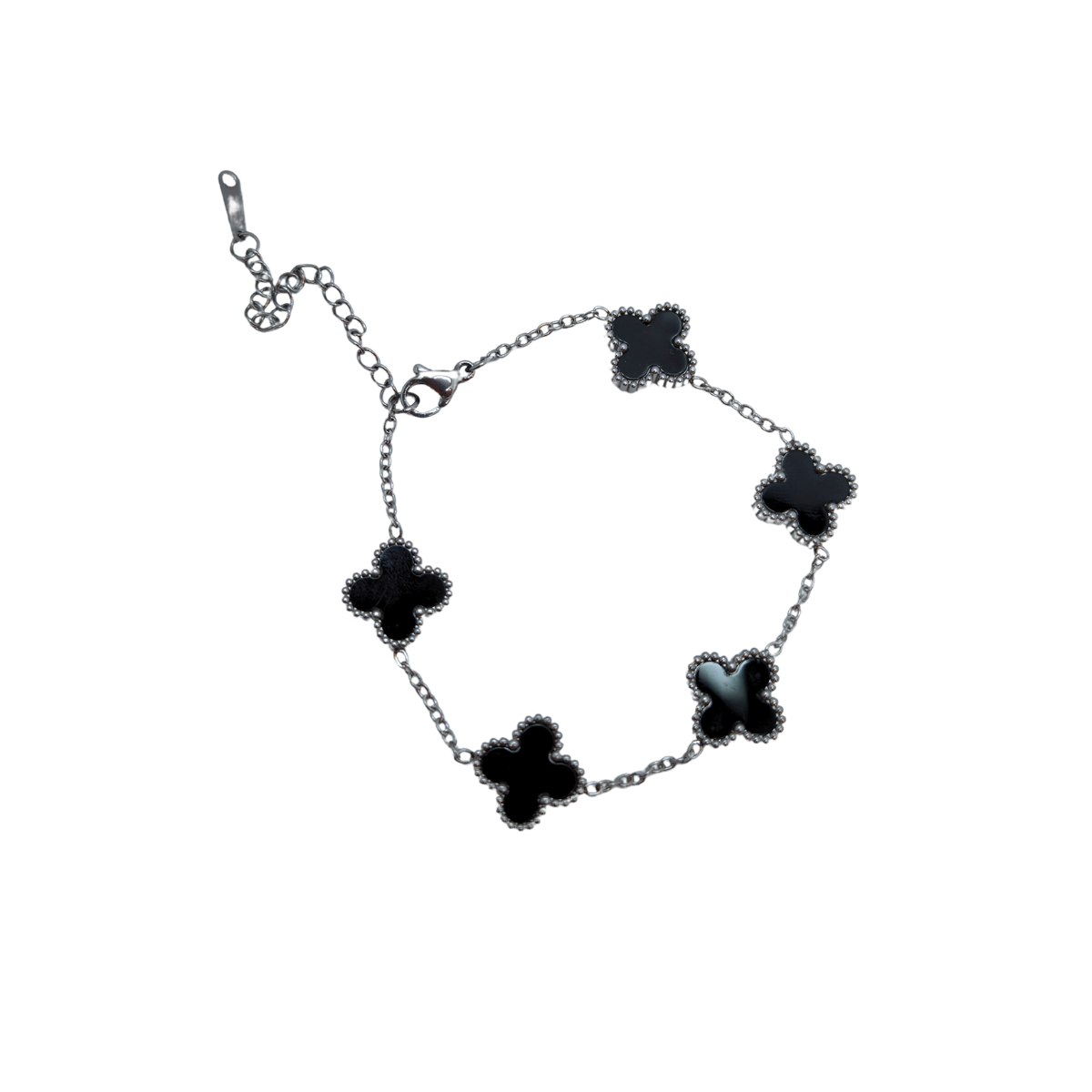Pulsera de Trébol con Ónix Negro 100% Acero Bañada en Oro Blanco de 18K - Elegancia Moderna