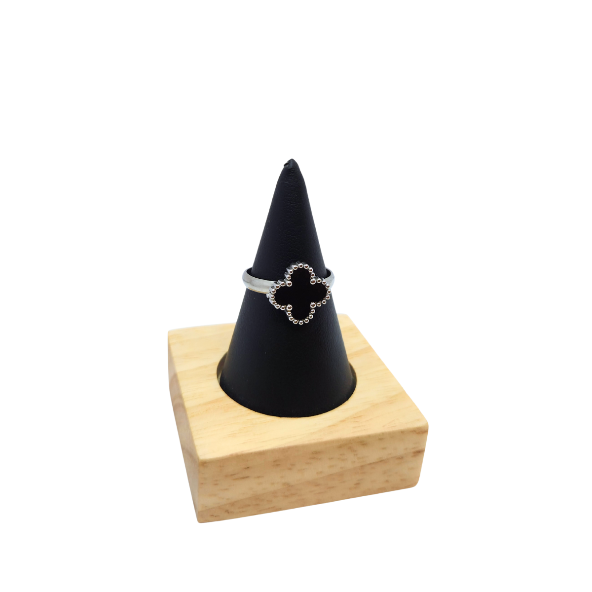 Conjunto Lujo de Tréboles de Cuatro Hojas Negros (Collar, Pendientes, Pulsera y Anillo) - Acero Inoxidable con Baño en Rodio