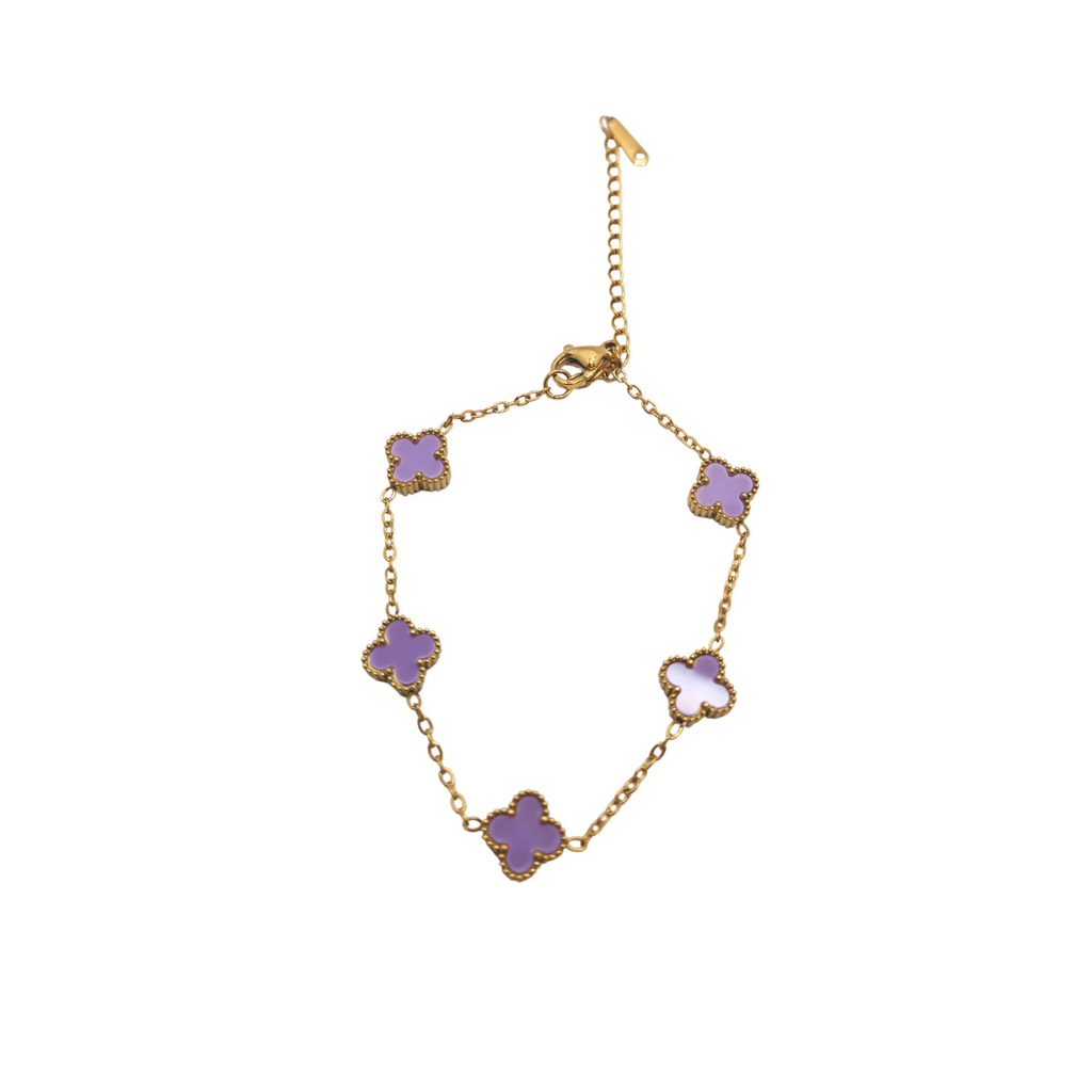 Bracelet en acier plaqué or 18 carats avec 5 trèfles violets