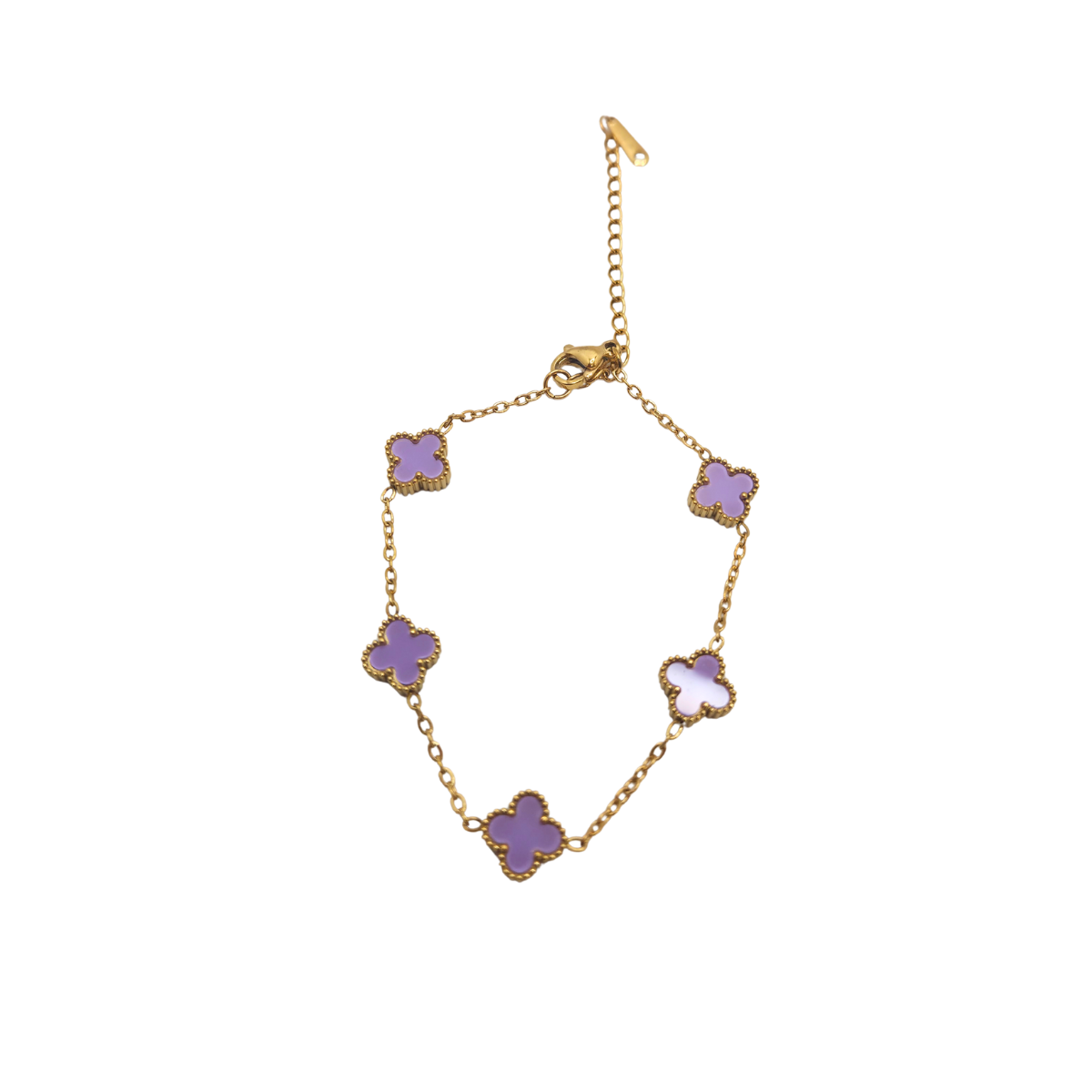 Pulsera de Acero Chapado en Oro de 18K 100% con 5 Tréboles Morados