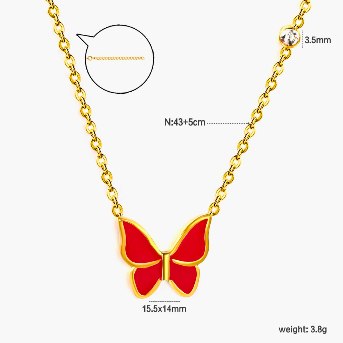 Collier pendentif papillon émaillé rouge avec zircone - 100 % acier plaqué or 18 carats