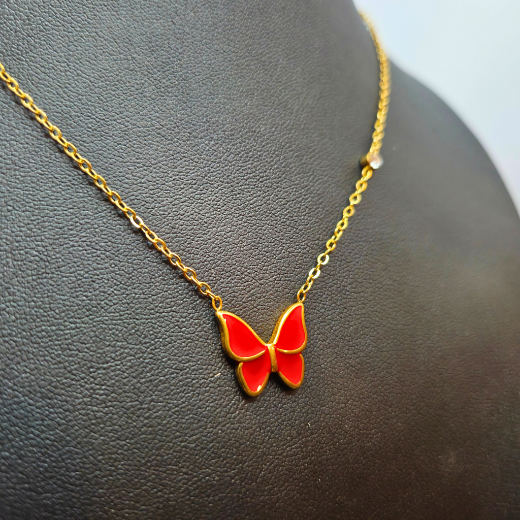 Collier pendentif papillon émaillé rouge avec zircone - 100 % acier plaqué or 18 carats