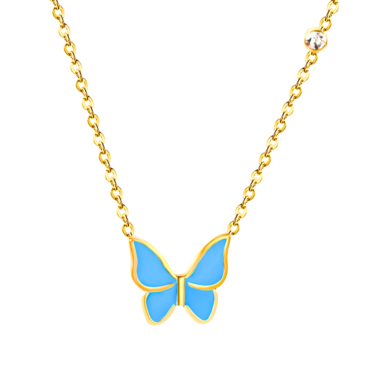 Collier pendentif papillon émaillé bleu avec zircone - 100 % acier plaqué or 18 carats