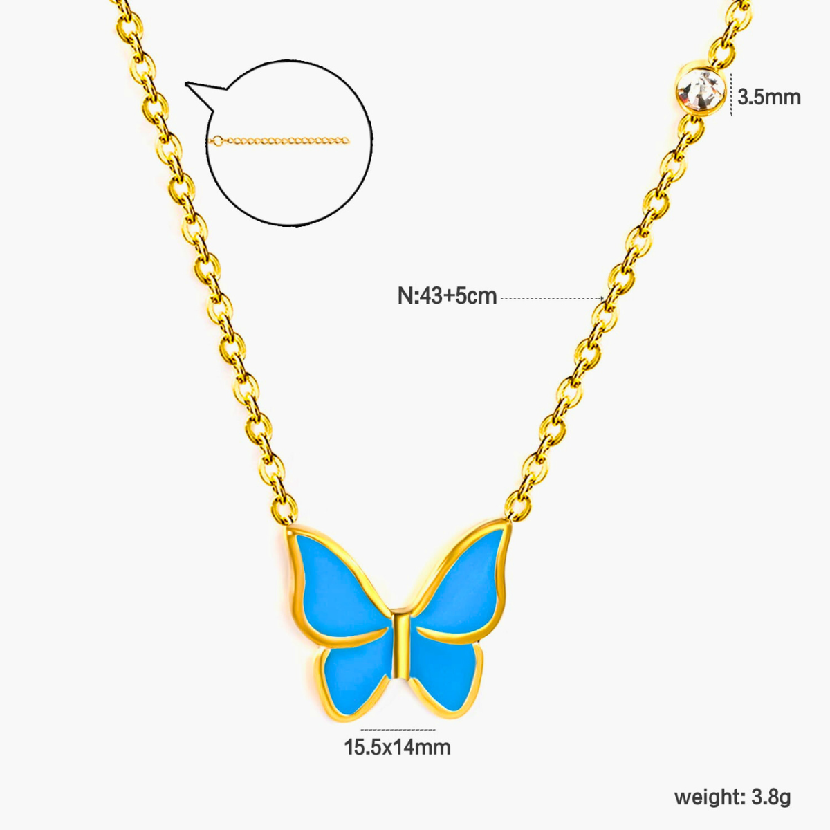 Collier pendentif papillon émaillé bleu avec zircone - 100 % acier plaqué or 18 carats